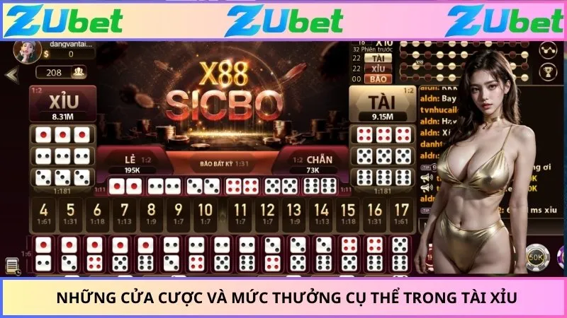 Những cửa cược và mức thưởng cụ thể trong tài xỉu